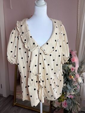 Ruffled Polka Dot Tie-Waist Blouse - Cream with Black Dots